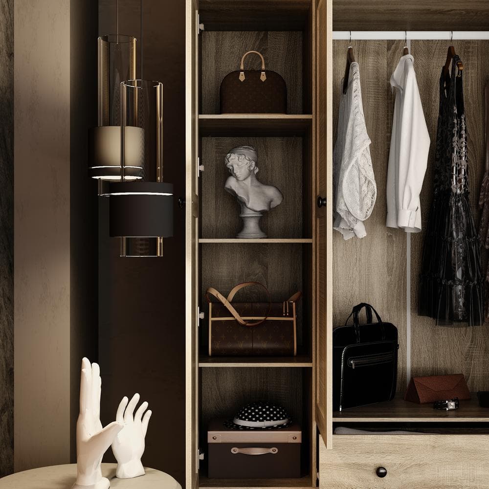Brown Wood Grain 59 in. W Rattan Doors Wardrobe with 5-Drawers, 2-Hanging Rods, Top Cabinet (94.5 in. H x 18.8 in. D) - thumbnail 5