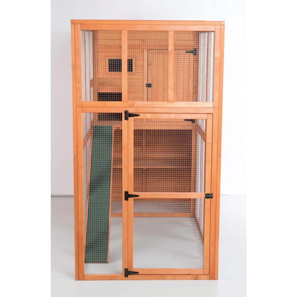 Large Brown Wooden Outdoor Cat House with Ramp
