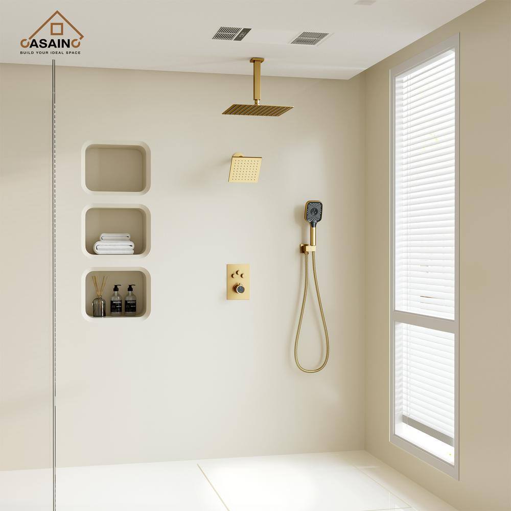 12-Inch Brushed Gold Thermostatic Dual Shower System with Handheld