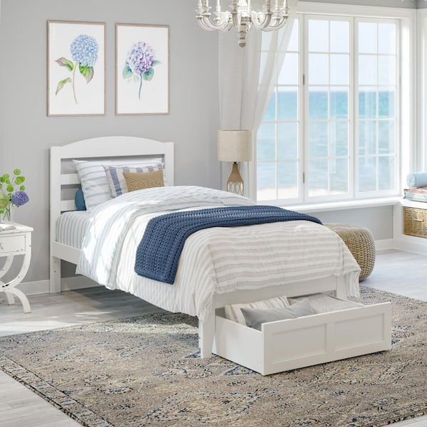 Warren 38-1/4 in. W White Twin Solid Wood Frame with Foot Drawer and Attachable USB Device Charger Platform Bed