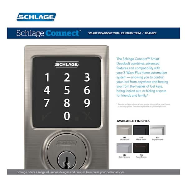 Schlage Century Satin Nickel Electronic Connect Smart Deadbolt - Z