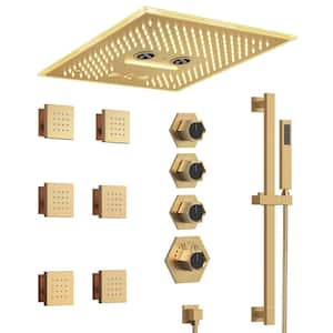 16 in. Square Aurora Shower System 17-Spray Ceiling Mount Fixed and Handheld Dual Shower Head 2.5 GPM in Brushed Gold