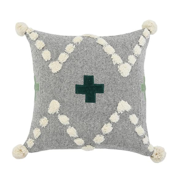 LR Home Swiss Zeal Gray/White Positive Sign Tufted Poly-fill 20 in. x 20 in. Throw Pillow