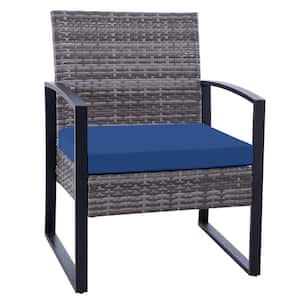 Gray Rattan 3 Piece Patio Set Chairs Bistro Set Rattan Conversation Set, With Blue Cushion