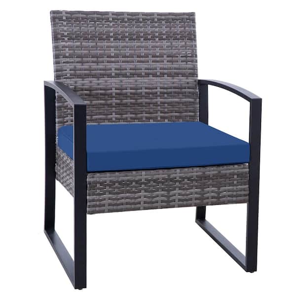 LAUREL CANYON Gray Rattan 3 Piece Patio Set Chairs Bistro Set Rattan Conversation Set, With Blue Cushion
