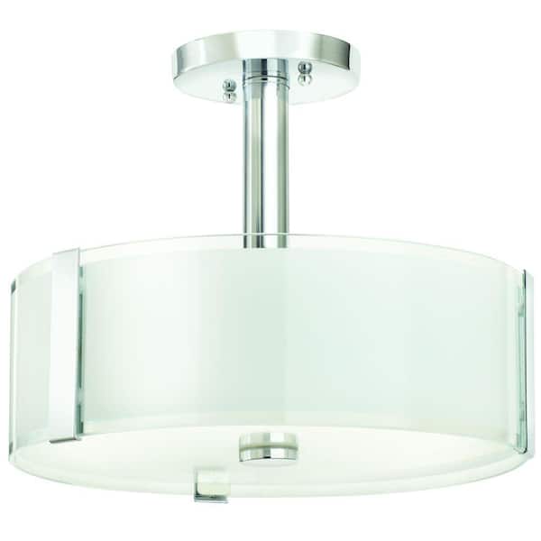 Home Decorators Collection Bourland 14 in. 3-Light Polished Chrome Semi-Flush Mount Ceiling Light Fixture with White and Clear Glass Double Shade