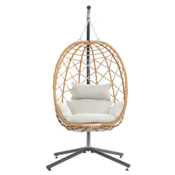 YIYEKE 1-Person Wicker Patio Swing Egg Chair with Standand Beige Cushion