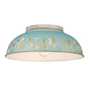 Kinsley 14 in. 2-Light Aged Galvanized Steel Flush Mount with Antique Teal Shade