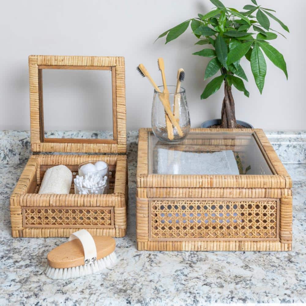 Natural Woven Rattan and Wood Lidded Display Boxes with Glass Lids, Set of 2