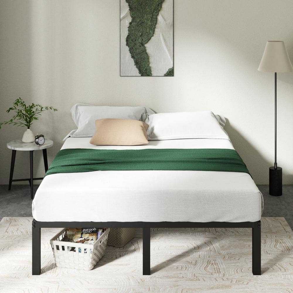 14-Inch Black Metal Queen Platform Bed Frame with Slats