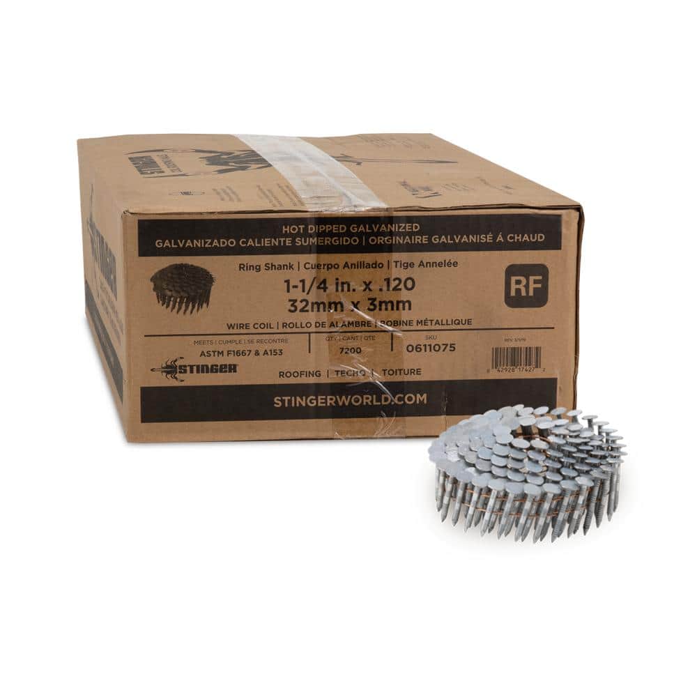 Stinger 11/4 in. x 0.120Gauge Hot Dipped Galvanized Ring Shank Wire Coil Roofing Nails (7200