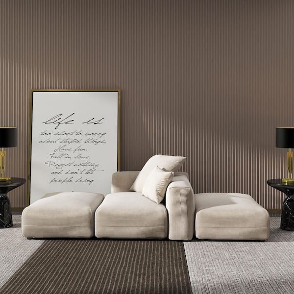 Unbranded 129.9 in. Wide Square Arm Corduroy Deep Seat Modular Living Room Sofa Couch with Ottoman, Removable Cover in Beige