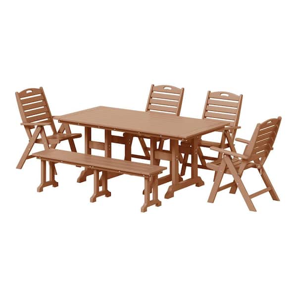 WESTIN OUTDOOR Laguna Outdoor All Weather HDPE Plastic Teak 6-Piece Patio Dining Set with Highback Folding Chairs and Picnic Bench
