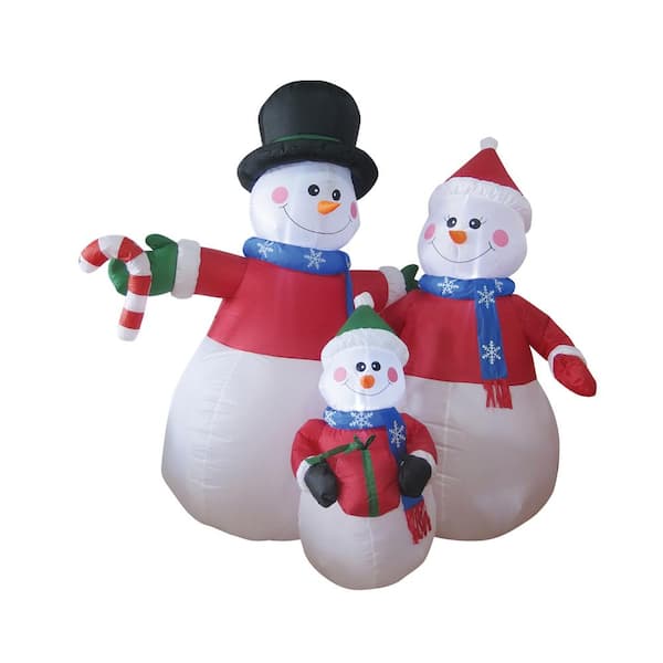 Brite Star 6 ft. Snowman Family Dad with Black Hat, Mom with Red Santa Cap, Child with Green Santa Cap Airblown