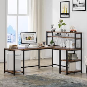 Lantz 66.92 in. L-Shaped Rustic Brown Wood and Metal Computer Desk with 5 Storage Shelves 2 Tier Bookshelf