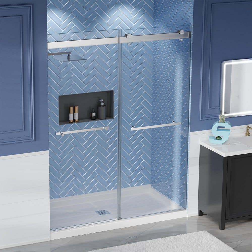 56 to 60 in. W x 75 in. H Frameless Sliding Shower Door in Brushed Nickel w