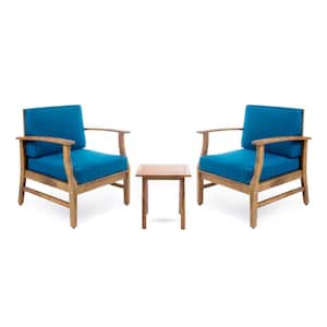 Perla Teak Brown 3-Piece Wood Outdoor Patio Conversation Seating Set with Blue Cushions
