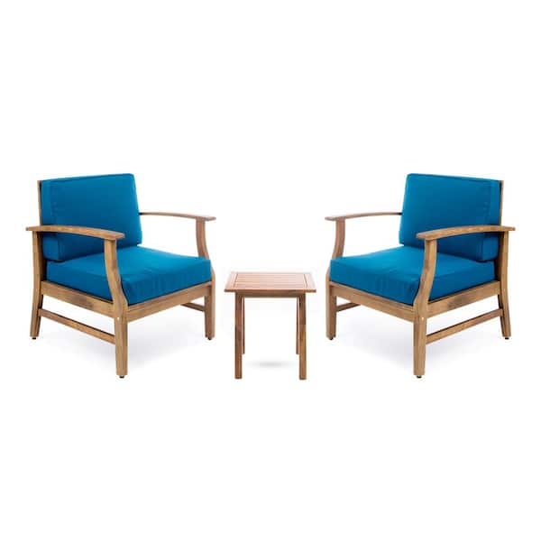 Perla Teak Brown 3-Piece Wood Outdoor Patio Conversation Seating Set with Blue Cushions