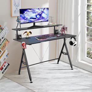 47 in. Retangular Black Wood Dual Monitor Mount Ergonomic Gaming Computer Desk w/Cup Holder Headphone Hook