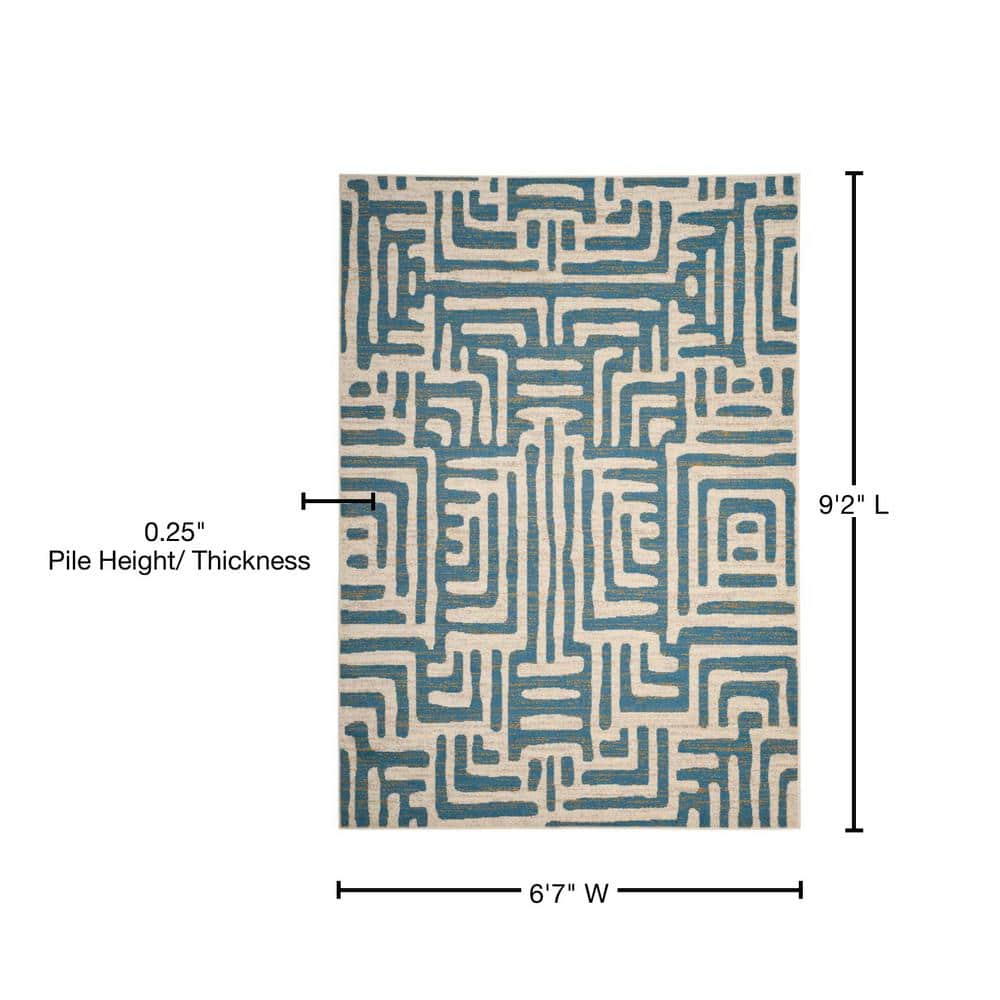 Off-White Geometric Synthetic Stain-Resistant Area Rug 79" x 6"