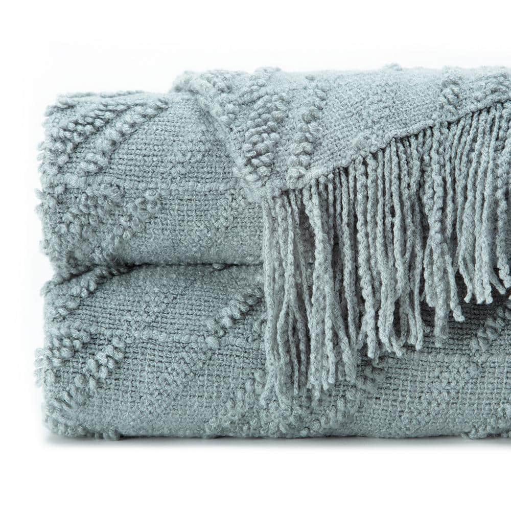 Sage Green Acrylic Knit Throw Blanket with Tassels, 50x65 Inches