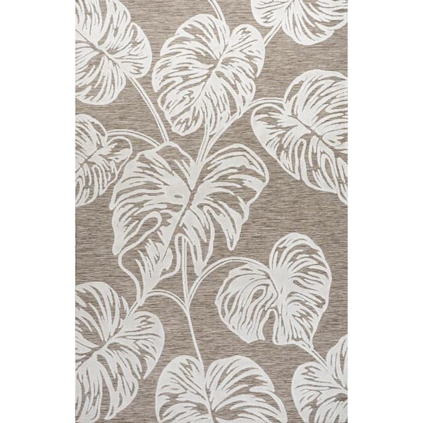 Tobago Brown/Ivory 4 ft. x 6 ft. High-Low 2-Tone Monstera Leaf Indoor/Outdoor Area Rug