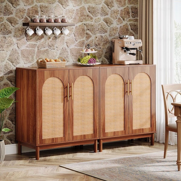 Tribesigns 59 in. Warm Brown Engineered Wood Sideboard Buffet Cabinet with Rattan Doors, for Dining Room, Kitchen, Living Room