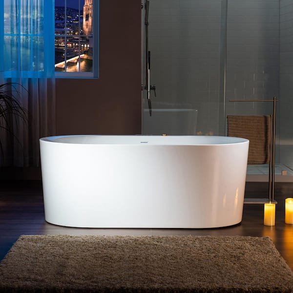 59 in. x 31.5 in. Acrylic Flatbottom Freestanding Whirlpool and Air with Inline Heater Bathtub in White with Gold Trim