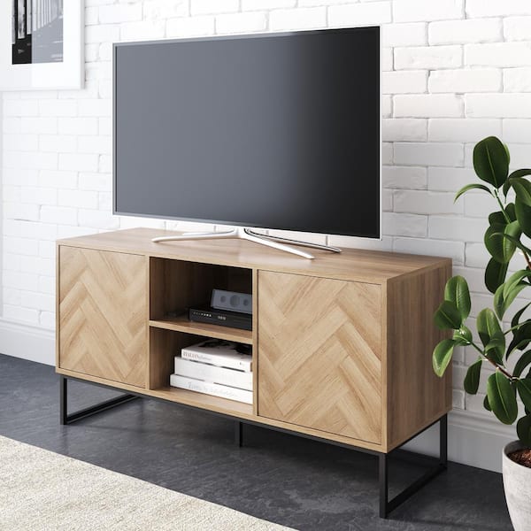 Nathan James Dylan 47 in. Oak and Black Wood TV Stand Fits TVs Up to 55 in. with Storage Doors