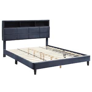 Lankley Gray Flannelette Wood Frame California King Platform Bed with USB port and Dropdown Shelf