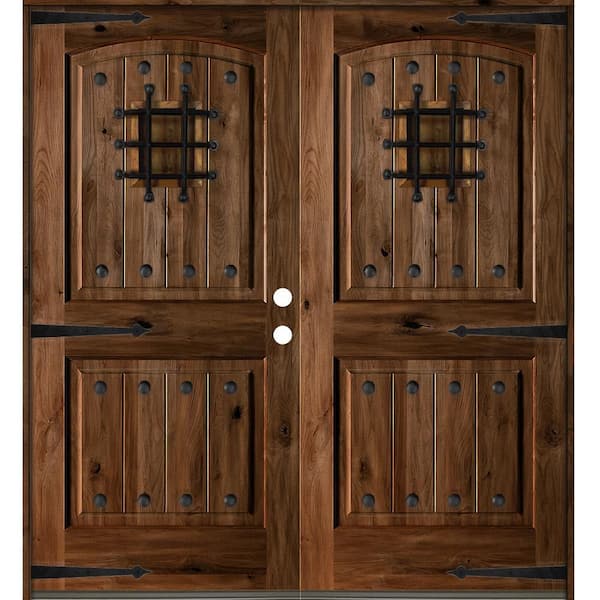 Krosswood Doors 60 in. x 80 in. Mediterranean Knotty Alder Arch Top with Provincial Stain Left-Hand Wood Double Prehung Front Door