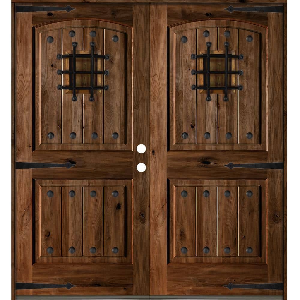 64 in. x 96 in. Mediterranean Knotty Alder Arch Top with Provincial Stain Left-Hand Wood Double Prehung Front Door price history on PriceWatchPro