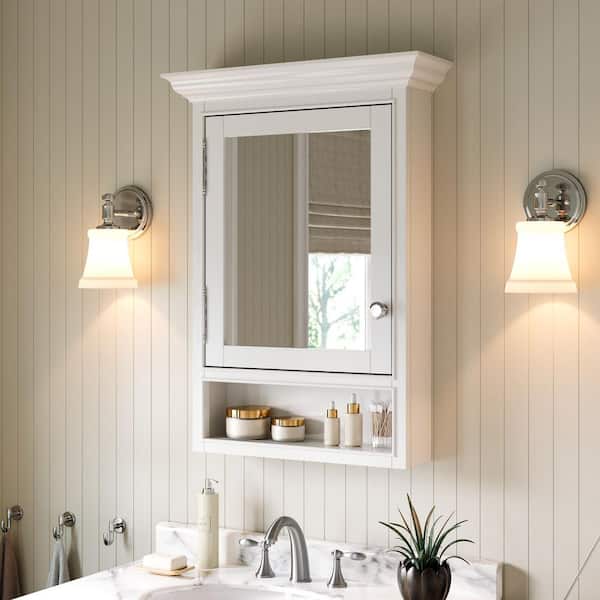 24 in. W x 32 in. H White Rectangular Solid Wood Framed Medicine Cabinet with Mirror