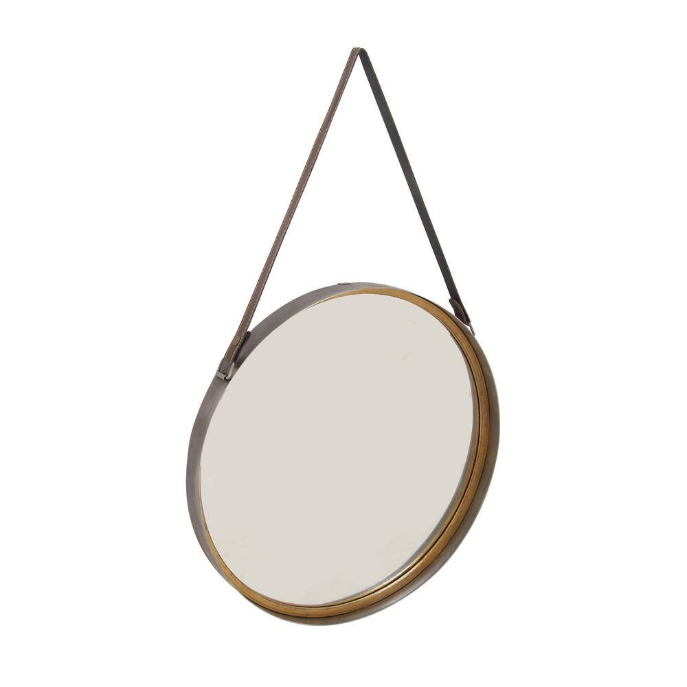 Contemporary Round Gold Metal Mirror with Leather Hang Strap