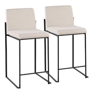 Fuji 35.5 in. Beige Fabric and Black Steel High Back Counter Height Bar Stool (Set of 2)