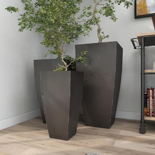 Litton Lane 30 in., 25 in., and 20 in. Extra Large Dark Gray Metal Indoor Outdoor Planter with Tapered Base (3- Pack)