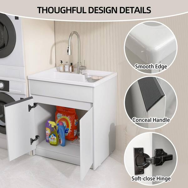 NTQ 30 in. Solid Surface Laundry/Utility Sink & Cabinet with Stainless Steel Faucet