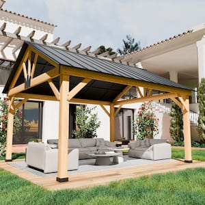 15 ft. x 13 ft. Cedar Wood Patio Gazebo with Black Galvanized Steel Roof and Ceiling Hook