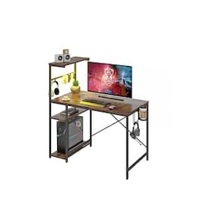 44 in. Rectangular Rustic Brown Gaming Desk with RGB LED Lights Computer Desk with 4 Tier Storage Shelves and Hooks