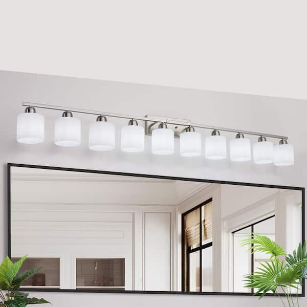 65 in. 10-Light Chrome Modern Bathroom Vanity Light Fixture, Wall Sconces with Milky White Frosted Glass Shades
