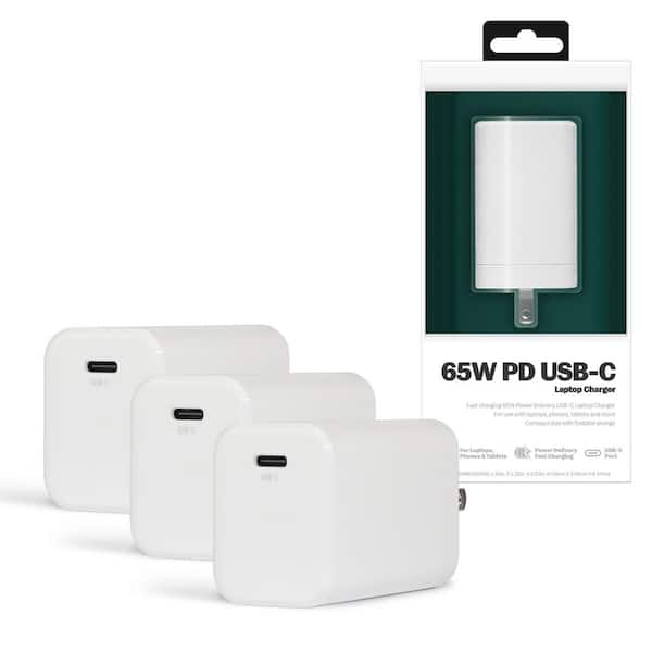 3-Pack 65W USB-C Wall Charger for Laptops with PD Power Delivery, Compact Fast Charging Wall Charger (White, 3 Pack)