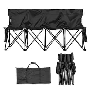 Portable Folding Bench, 4-Seat Foldable Soccer Bench with Side Pockets and Carrying Bag, with Back Rest, Black