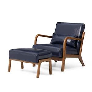 Set of 2 Mid-Century Modern Navy Blue Leatherette Accent Stool and Chair with Walnut Rubberwood Legs