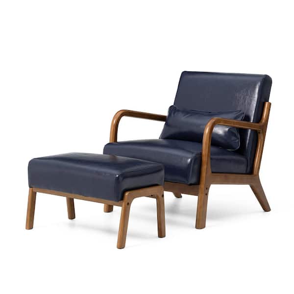 Glitzhome Set of 2 Mid-Century Modern Navy Blue Leatherette Accent Stool and Chair with Walnut Rubberwood Legs