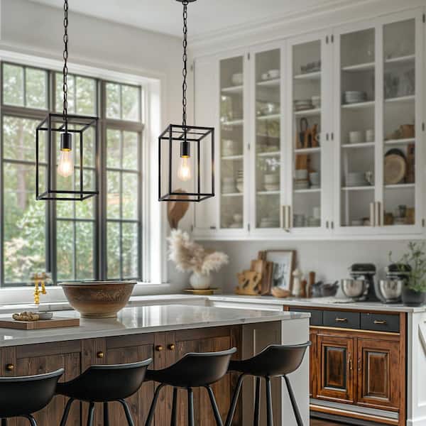 8 in. 1-Light Modern Black Cage Pendant Light, Industrial Geometric Hanging Light for Kitchen Island