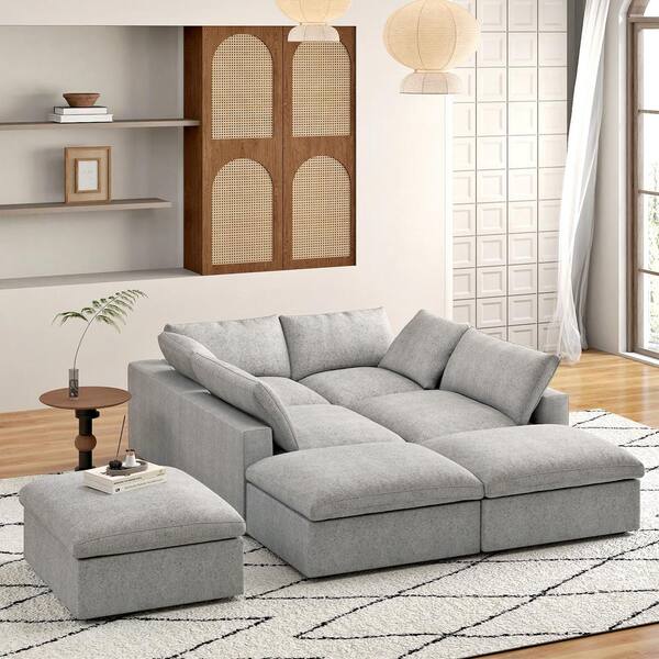 Magic Home 157 in. Square Arm 7 Piece Linen L Shapd Sectional Sofa Corner Cloud Couch in Gray with Ottoman MH 121LG S4 1 The Home Depot