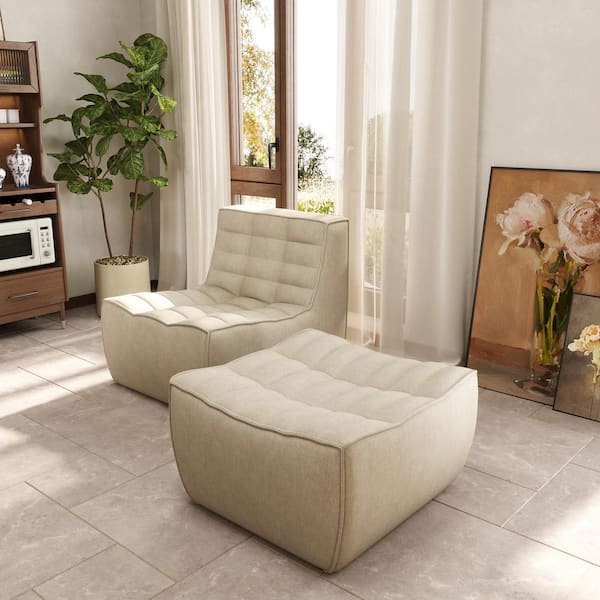 Modern Khaki Linen Upholstered Fireside Accent Side Chair (Set of 2) with Ottoman for Reading Living Room, Apartment