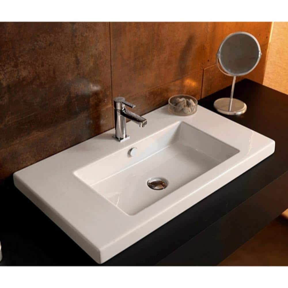 Glossy White Ceramic Rectangular Wall-Mounted Bathroom Sink