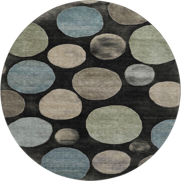 Mayfield Premium Machine Washable Abstract AMF2062 Black 8 ft. x 8 ft. Round Rug