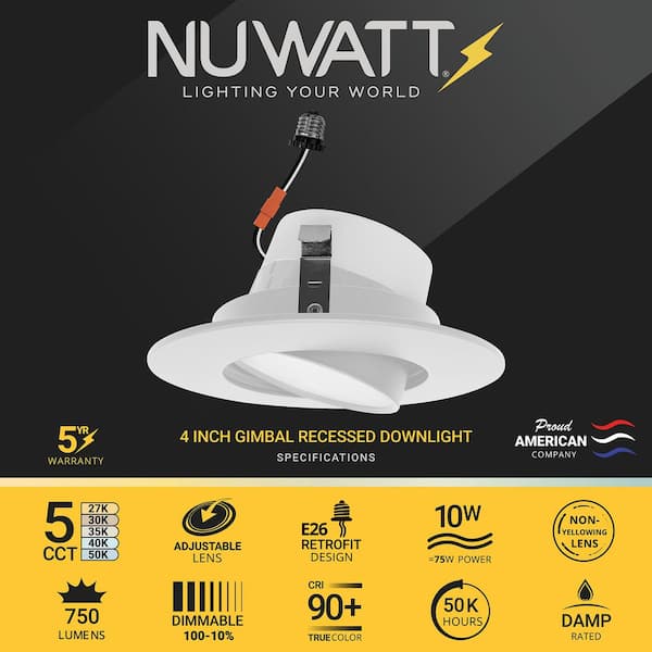 4 in. LED White Adjustable Retrofit Recessed Housing 5 CCT 2700K-5000K IC Rated Remodel Dimmable E26 Connector (6-Pack)